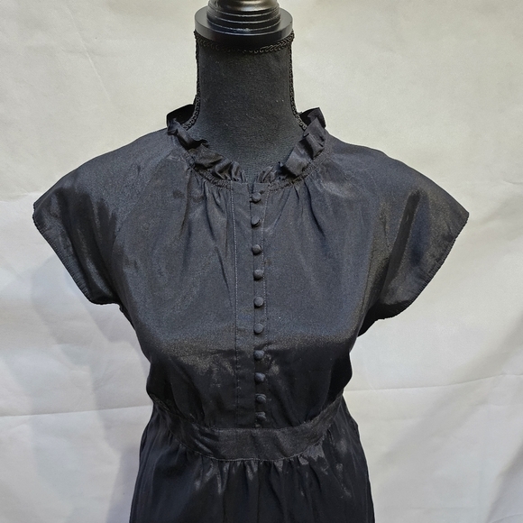 Apt. 9 Shiny Black Button Blouse Tie Waist Ruffle Collar Rayon Blend Size M - Picture 2 of 9